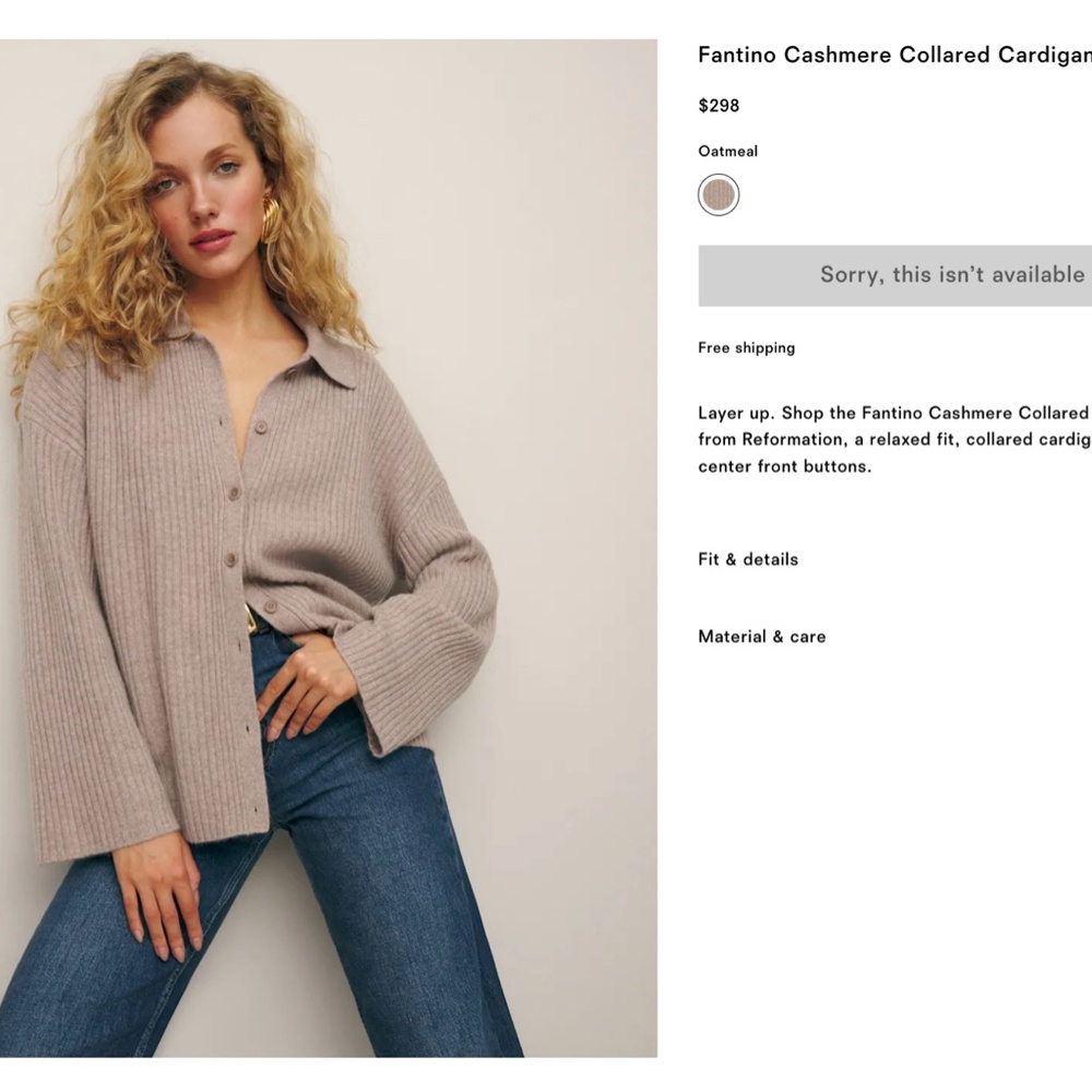 Reformation Oatmeal Fantino Cashmere Collared Cardigan